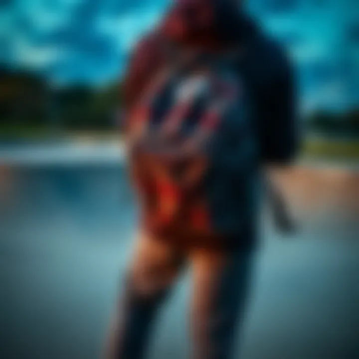 Skateboarder with Grey Vans Backpack at Skate Park Skateboarder using grey Vans backpack at a skate park