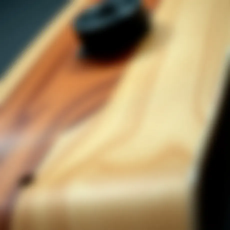 Close-up view of skateboard deck materials showcasing wood and composite layers