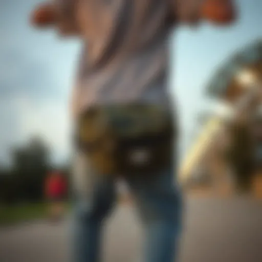 Functional and Chic: A Skateboarder's Choice Stylish hip pack worn by a skateboarder in action