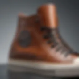 Close-up of leather high top Converse showcasing its intricate design and stitching