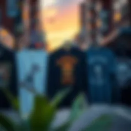 A collection of long sleeve graphic t-shirts displayed on a vibrant urban backdrop