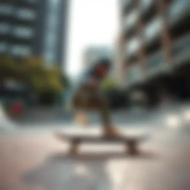 Skateboarding in Style with the 997H Tan A skateboarder wearing the New Balance 997H Tan in an urban skatepark setting.