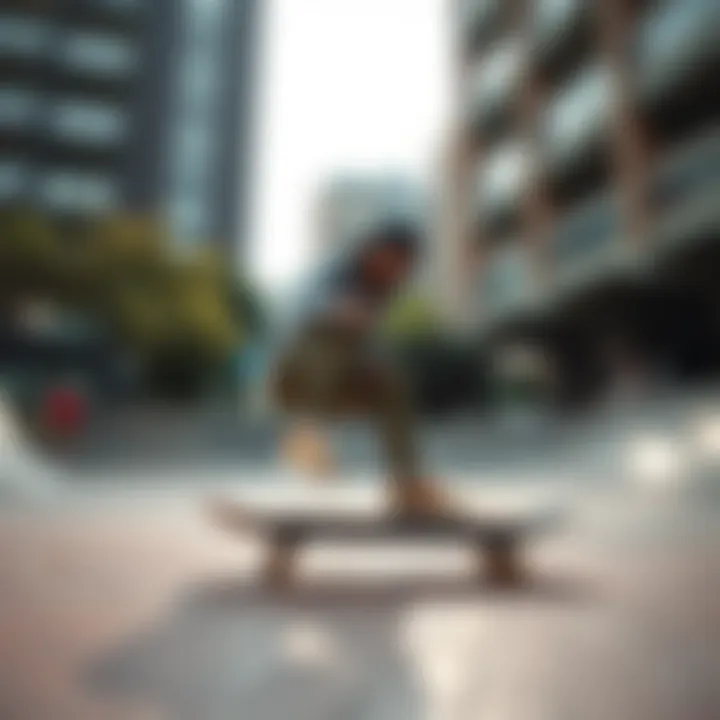 Skateboarding in Style with the 997H Tan A skateboarder wearing the New Balance 997H Tan in an urban skatepark setting.