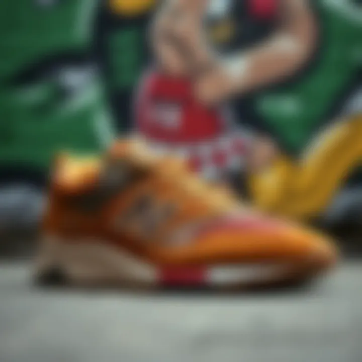 Cultural Significance of the 997H Tan in Urban Fashion The New Balance 997H Tan displayed against a backdrop of street art, representing its cultural significance.