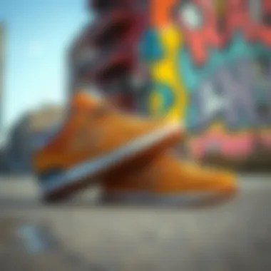 Style Versatility of New Balance Low Sneakers Stylish New Balance low sneakers placed against a colorful urban backdrop