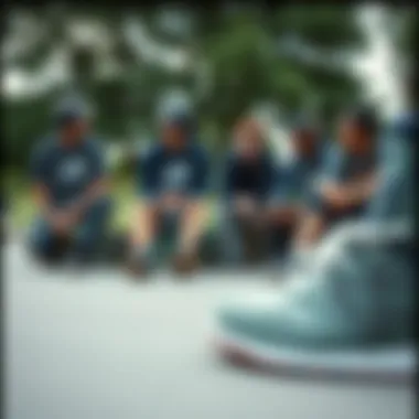 Skateboarding Community Insights on New Balance Mid-Top Shoes Group of skateboarders discussing and sharing experiences about New Balance mid-top footwear