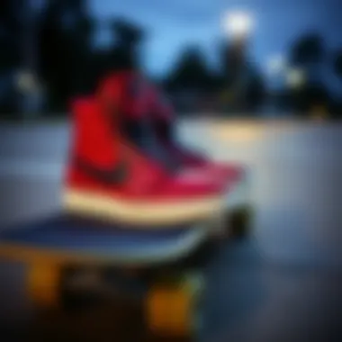Nike red and black high tops featured prominently on a skateboard deck