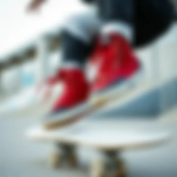 Skateboarder performing tricks while wearing Nike red and black high tops