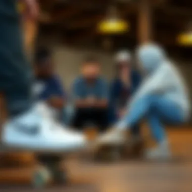 Discussion on Skate Culture and Footwear Choices Group of skateboarders discussing footwear choices and trends