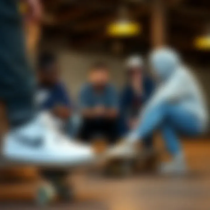 Discussion on Skate Culture and Footwear Choices Group of skateboarders discussing footwear choices and trends
