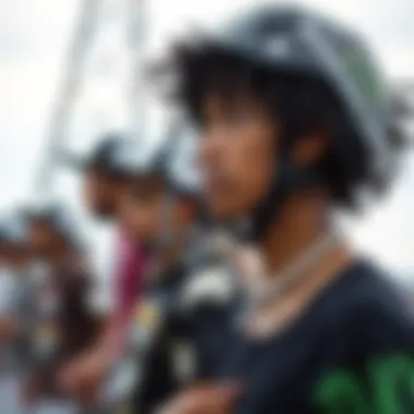 Trendy Styles in Skate Culture A close-up of skateboarders wearing trendy apparel that reflects their personal style.