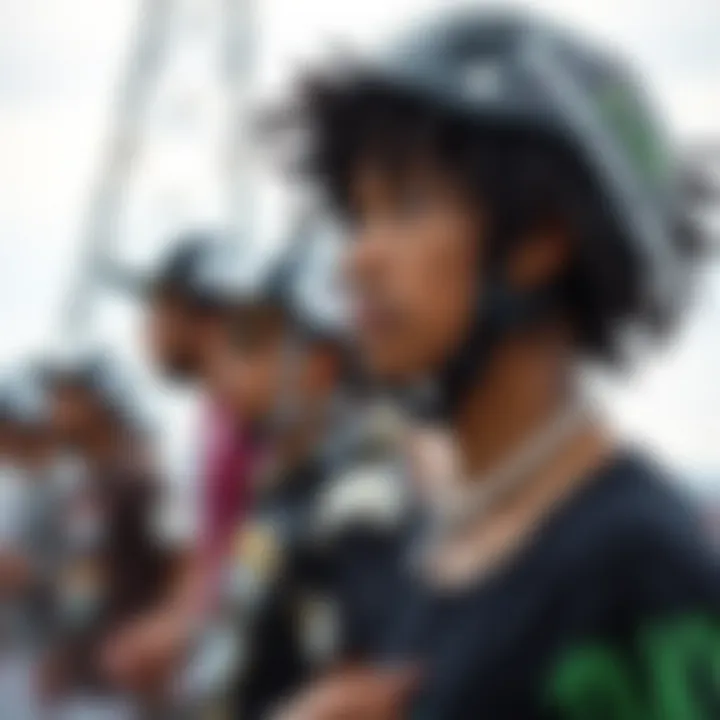 Trendy Styles in Skate Culture A close-up of skateboarders wearing trendy apparel that reflects their personal style.