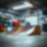 Custom-built Mini Ramp for Garage Skateboarding Custom-built mini ramp in a garage setting