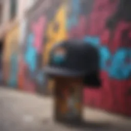 A stylish panel hat displayed against a vibrant graffiti background.