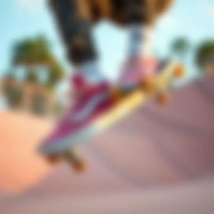 Skateboarder performing a trick in pink suede Vans