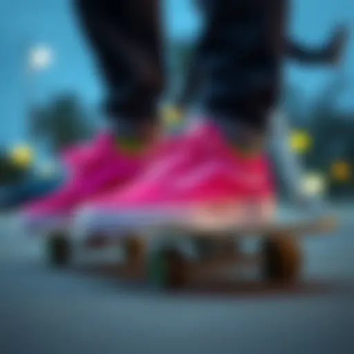 Vibrant Pink Suede Vans on a Skateboard Vibrant pink suede Vans on a skateboard