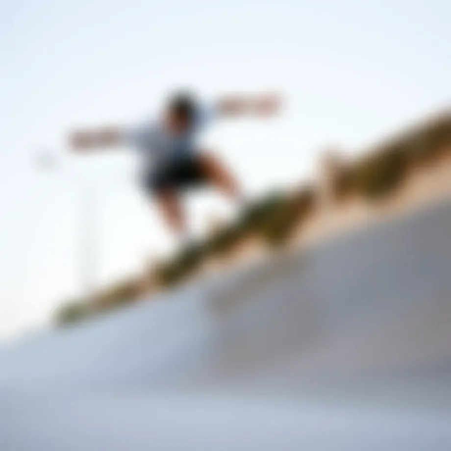 A skateboarder performing a riptide skating trick on a challenging terrain