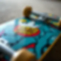 Close-up view of a Santa Cruz pre-built skateboard deck showcasing unique graphics and design
