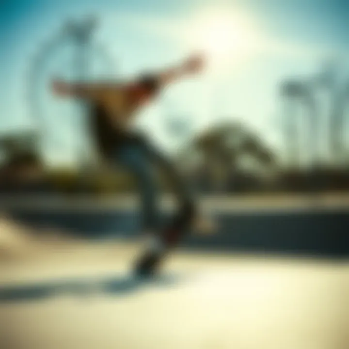 Demonstrating Performance at the Skate Park Skateboarder performing tricks on a Santa Cruz pre-built skateboard at a skate park