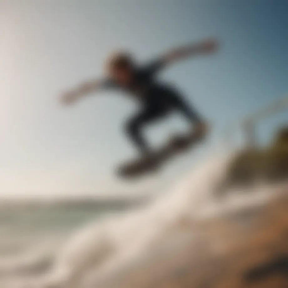 A surf skater performing tricks on a scenic boardwalk