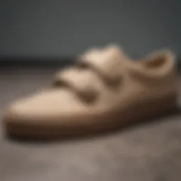 Close-up of tan Velcro Vans showcasing unique texture and design