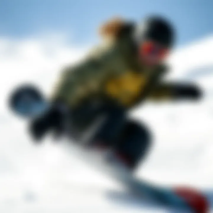 Performance in Action Dynamic shot of a snowboarder wearing the 686 snow jacket in action on the slopes