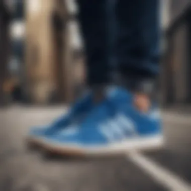 Adidas Forum Low Blue in Action The Adidas Forum Low Blue sneaker in an urban skateboarding environment.