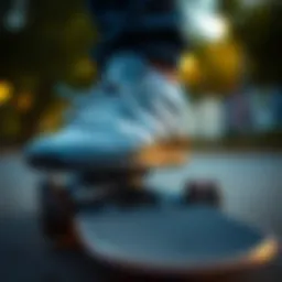 Stylish gray Adidas skate shoes on a skateboard