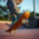 Dynamic skateboarding action showcasing blue and yellow Nike sneakers