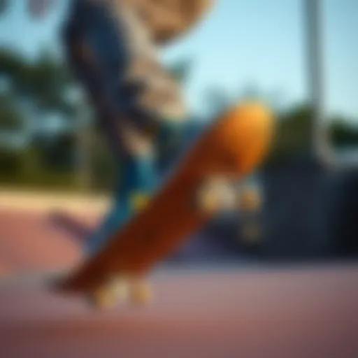 Dynamic Skateboarding with Blue and Yellow Nikes Dynamic skateboarding action showcasing blue and yellow Nike sneakers