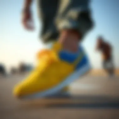 Fashionable Representation of Skate Culture with Nikes Fashionable skate culture representation emphasizing blue and yellow Nikes
