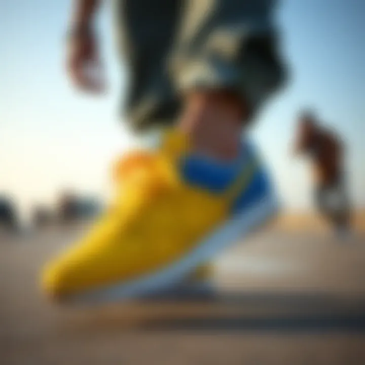 Fashionable Representation of Skate Culture with Nikes Fashionable skate culture representation emphasizing blue and yellow Nikes