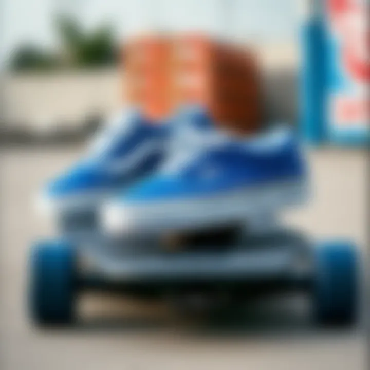 Blue Vans on Skateboard Deck Different angles of blue Vans featuring checkered rims on a skateboard deck