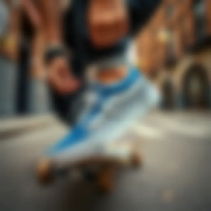 Urban Fashion and Blue Vans Fashion-forward skater adjusting blue Vans with checkered rims in an urban setting