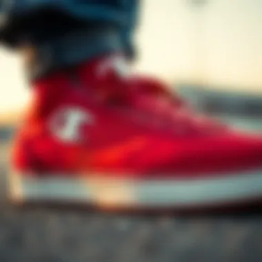 Detailed Look at the Red Champion Sneakers A close-up of the vibrant red fabric and texture of Champion sneakers