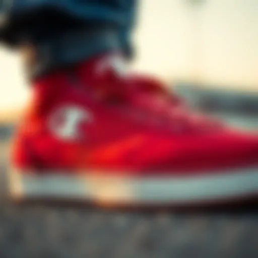 Detailed Look at the Red Champion Sneakers A close-up of the vibrant red fabric and texture of Champion sneakers