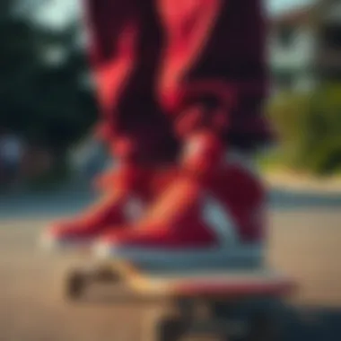 Champion Sneakers and Skateboarding Culture An artistic display of red Champion sneakers on a skateboard