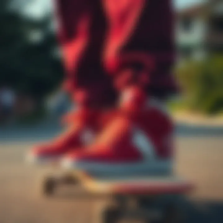 Champion Sneakers and Skateboarding Culture An artistic display of red Champion sneakers on a skateboard