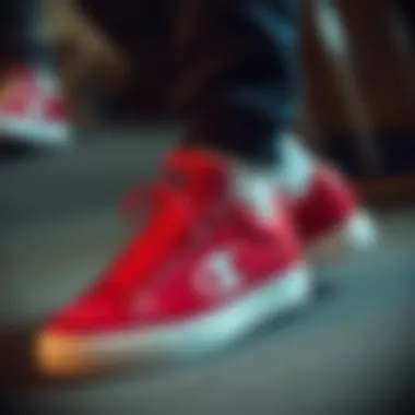 Versatile Styling with Red Champion Sneakers A collection of red Champion sneakers with various styling options