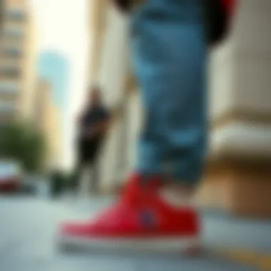 Red Champion Sneakers in Everyday Fashion A stylish individual wearing red Champion sneakers in an urban setting