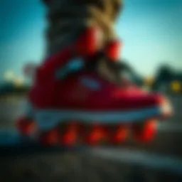 Close-up view of red Heelys shoes showcasing unique design elements.