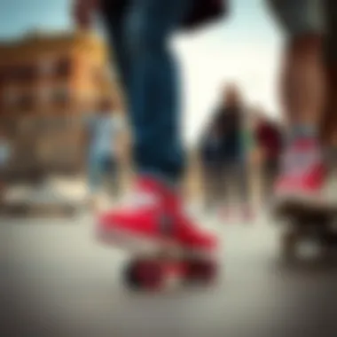 Cultural Impact of Heelys in Skate Parks Group of individuals wearing red Heelys in an urban skate park.
