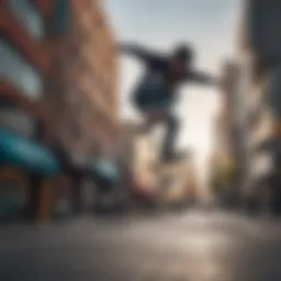 A skateboarder performing a trick mid-air against a vibrant urban backdrop.