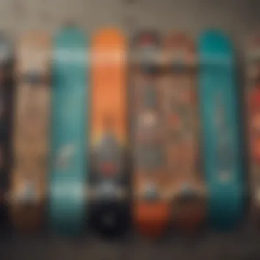 Variety of Skateboards An array of skateboards with different designs and styles lined up