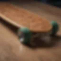 A beautifully crafted wooden skateboard showcasing intricate design elements