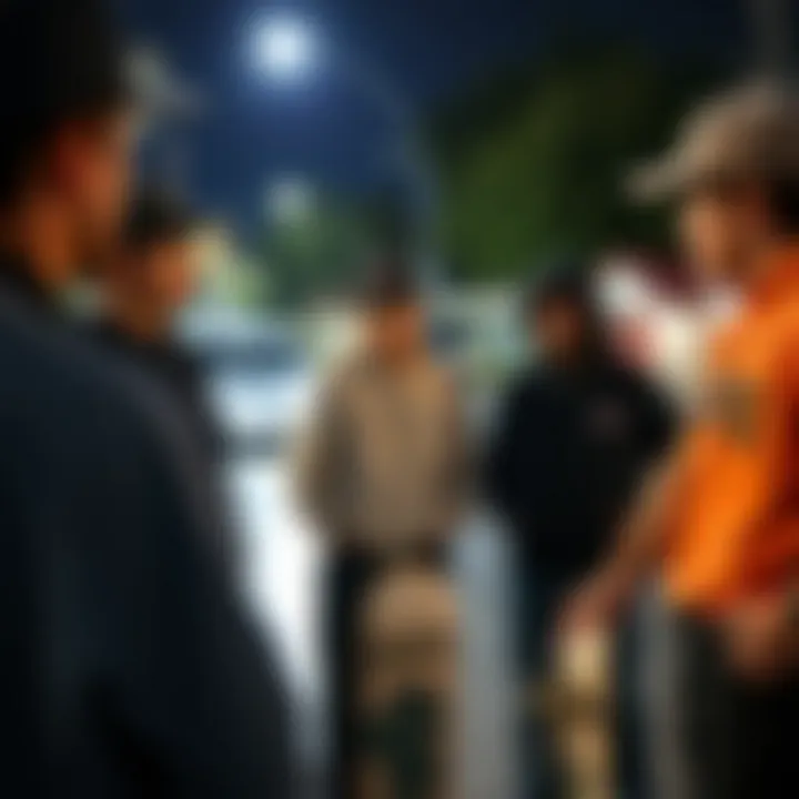 Group of skateboarders discussing gear with Cream Dickies 874 in focus