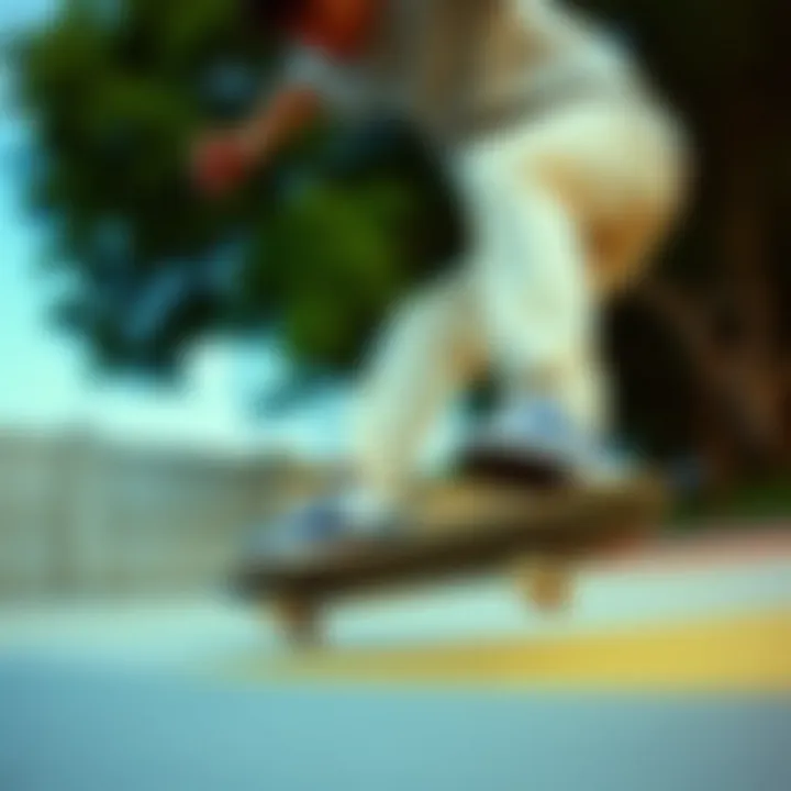 Skateboarder performing tricks while wearing Cream Dickies 874