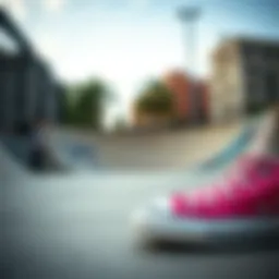 Pink Low Converse in an urban skatepark setting