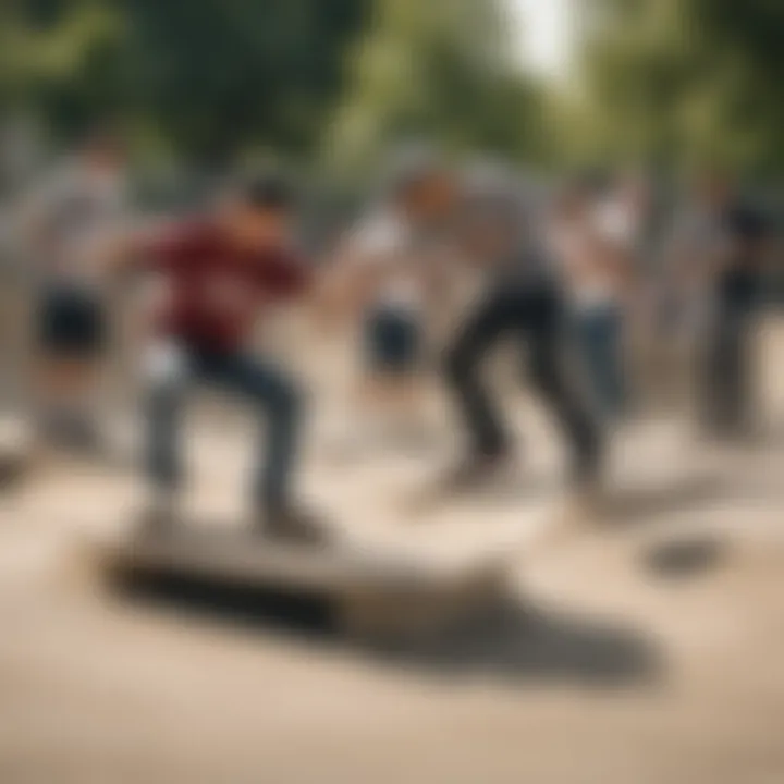 A diverse group of skateboarders enjoying a sunny day at the skate park, highlighting camaraderie.