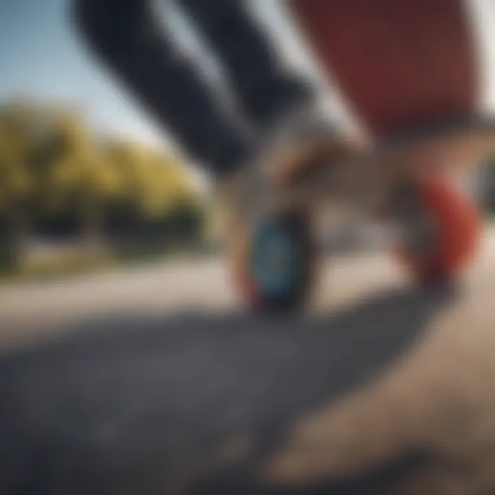 A close-up of skateboard wheels on a vibrant board, symbolizing movement and freedom.